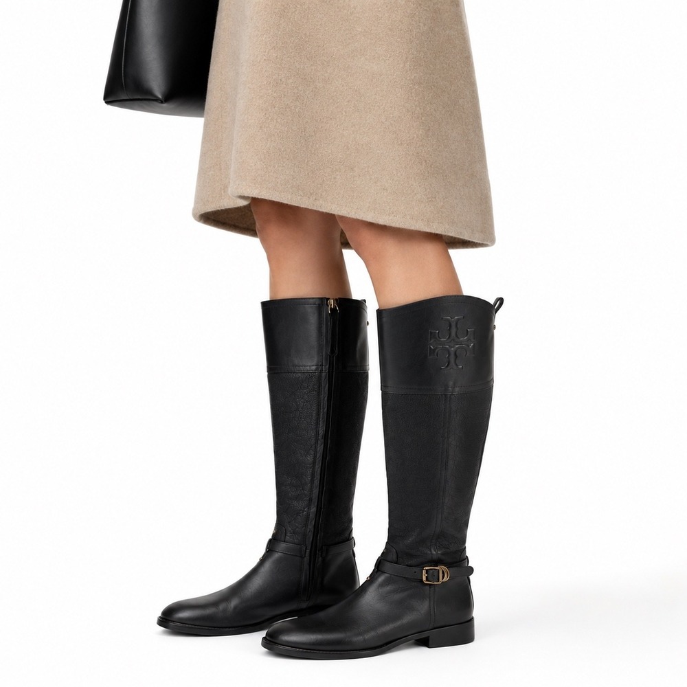 Tory Burch Simone Riding Boots Knee High  Women's 6M Black Leather‎ Equestrian